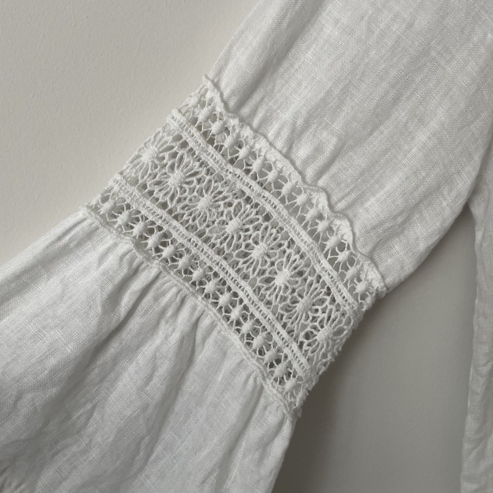 100% Linen Crochet Bell Sleeve Blouse White Sz L Lagenlook Minimalist Boho Italy - Picture 6 of 11